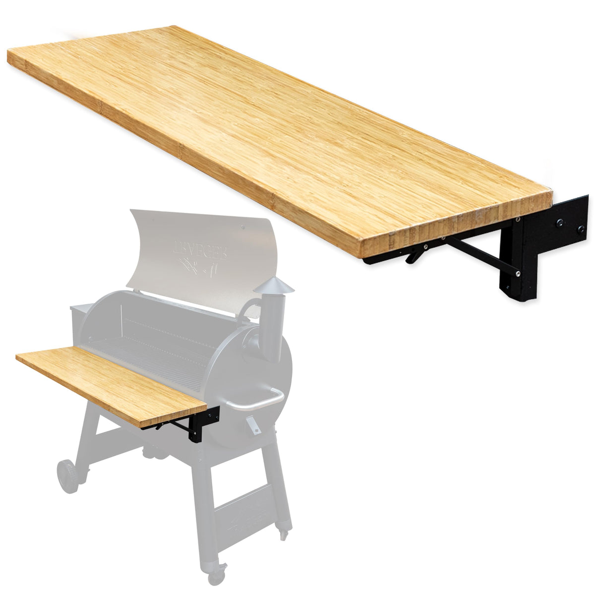 Iron Forge Tools front view of wood folding shelf showing workspace and clean finish