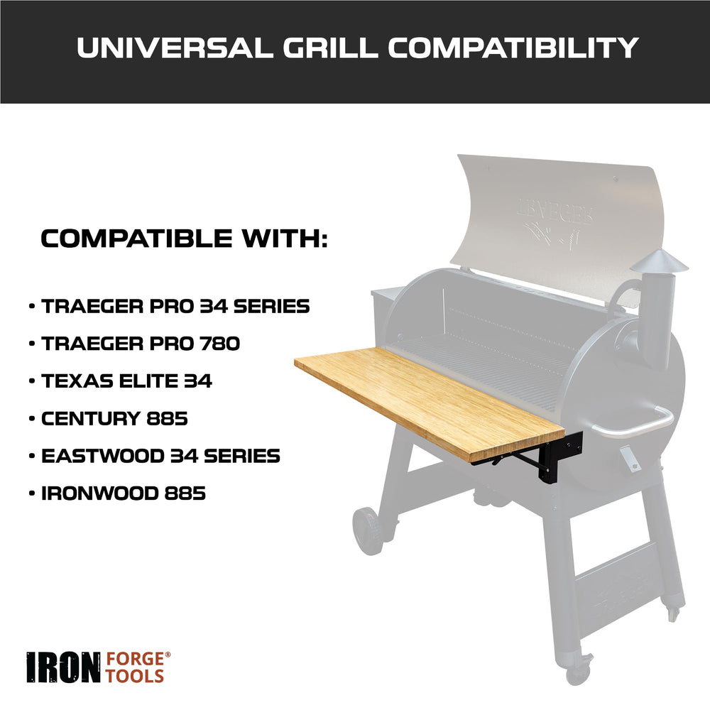 Iron Forge Tools installed on a Traeger-style grill providing extra prep surface