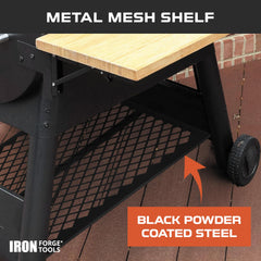 Iron Forge Tools shelf in use holding sauces and utensils for efficient grilling