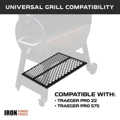 Iron Forge Tools shelf mounted on pellet grill demonstrating stable fit and added workspace
