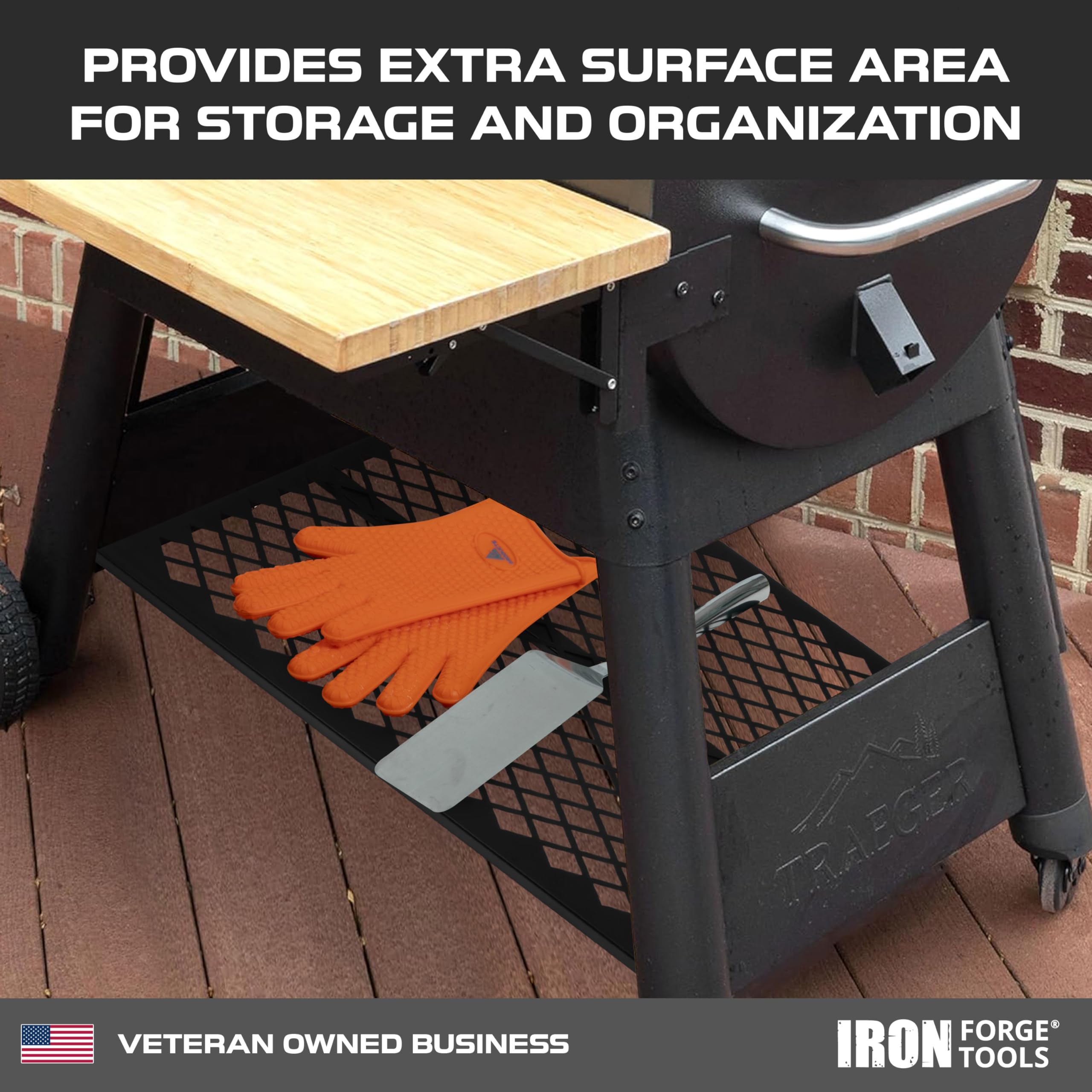 Iron Forge Tools shelf beside common grilling tools showing scale and usable surface