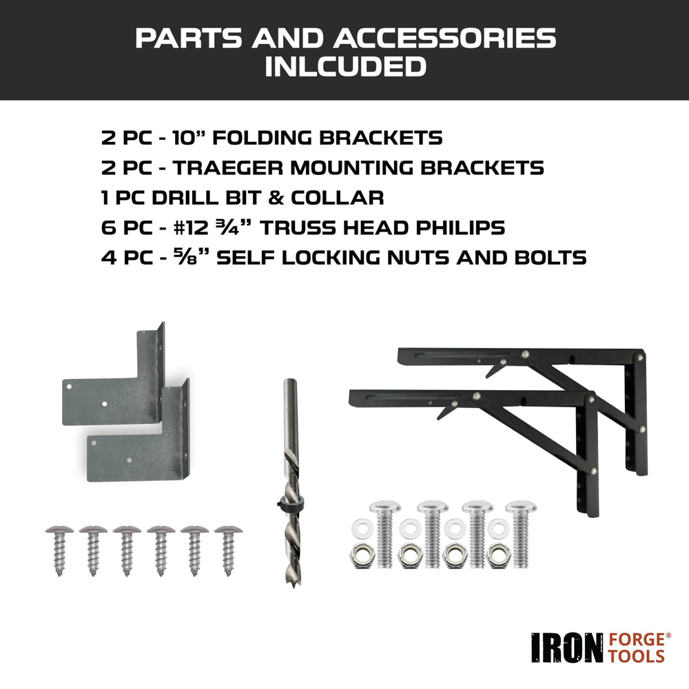 Iron Forge Tools shelf next to included screws and drill bit for easy installation