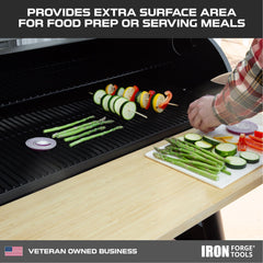 Iron Forge Tools folded shelf against grill saving space and keeping area clear