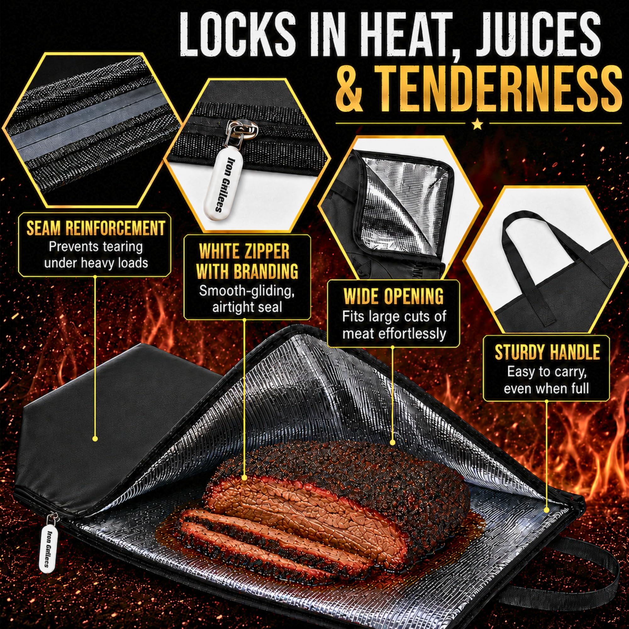 Iron Grillers insulation close-up showing triple-layer foil for superior heat retention