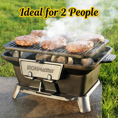 IronMaster hibachi close-up of pre-seasoned cast iron grate demonstrating nonstick surface benefit