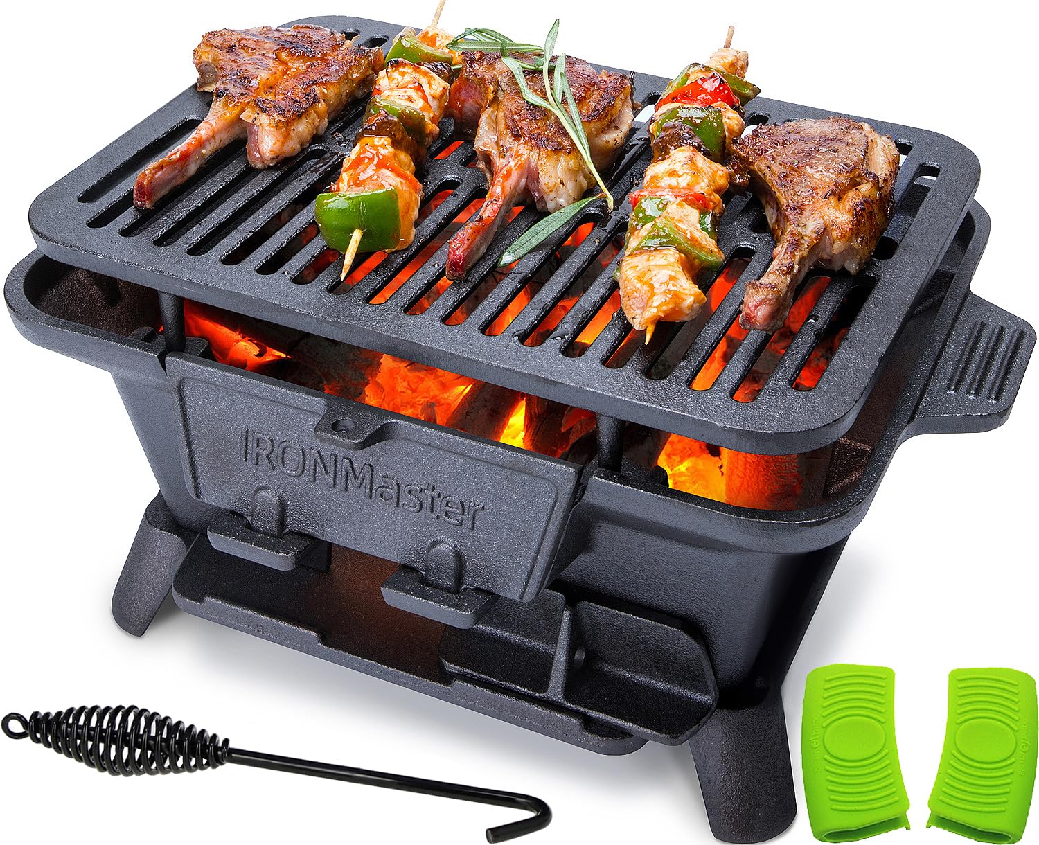 IronMaster hibachi front view showing compact cast iron body and stable base, ideal for portable grilling