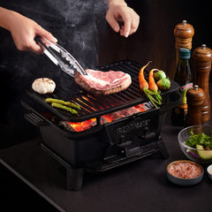 IronMaster hibachi showing two height settings for precise heat control and cooking flexibility