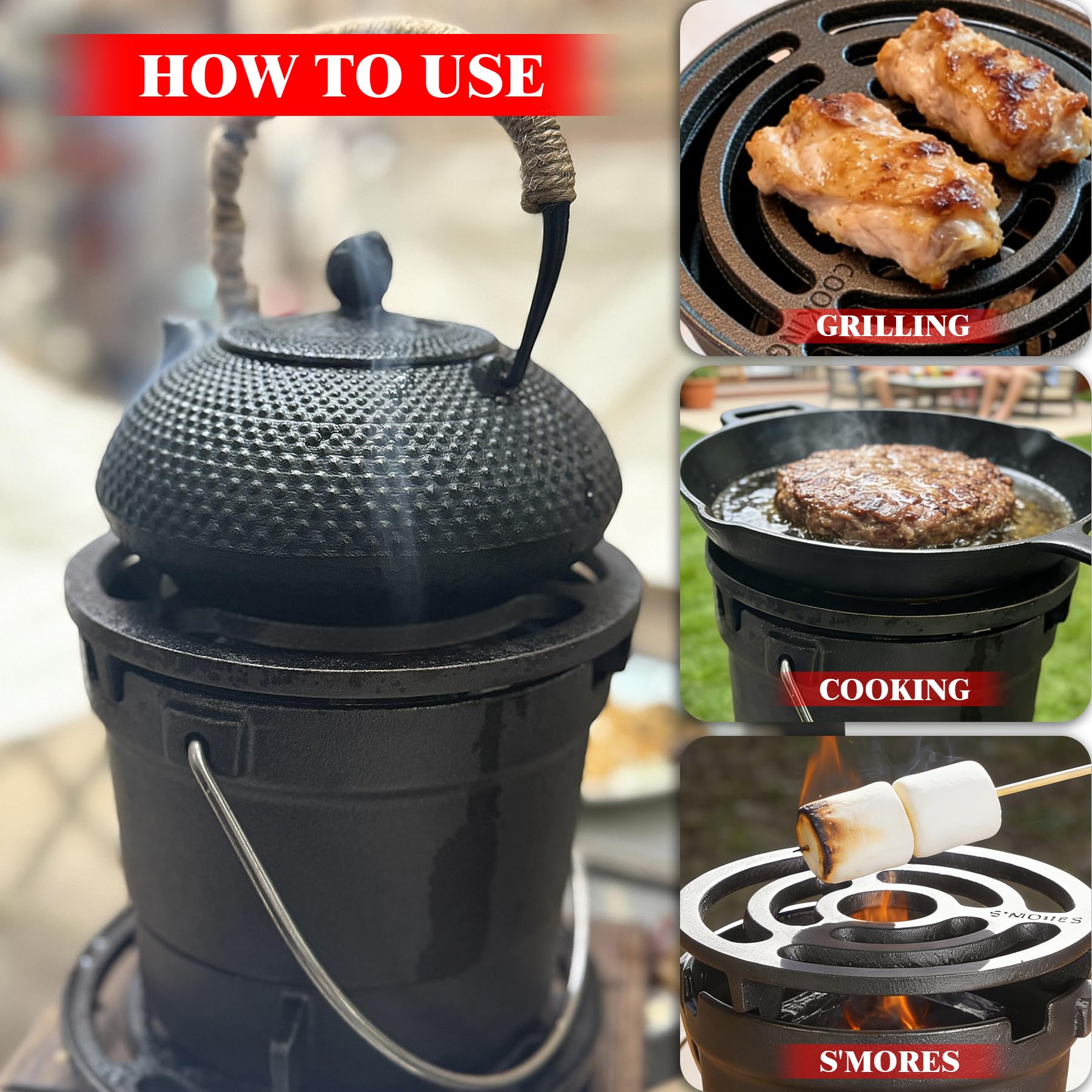 IronMaster shown next to hand for scale, portable size and heavy-duty cast iron benefit