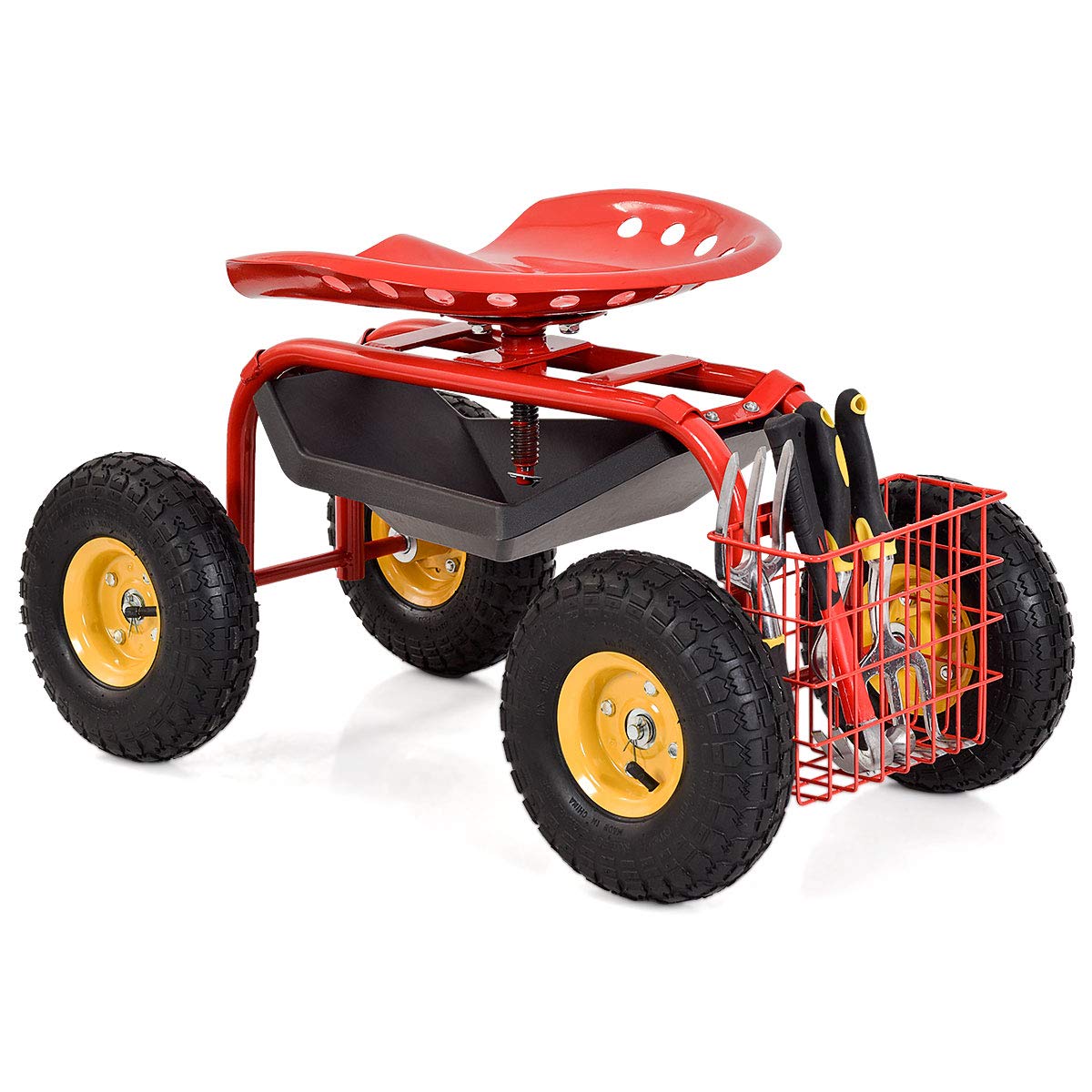 IRONMAX front view of red garden cart showing full frame and seat benefit: stable working platform