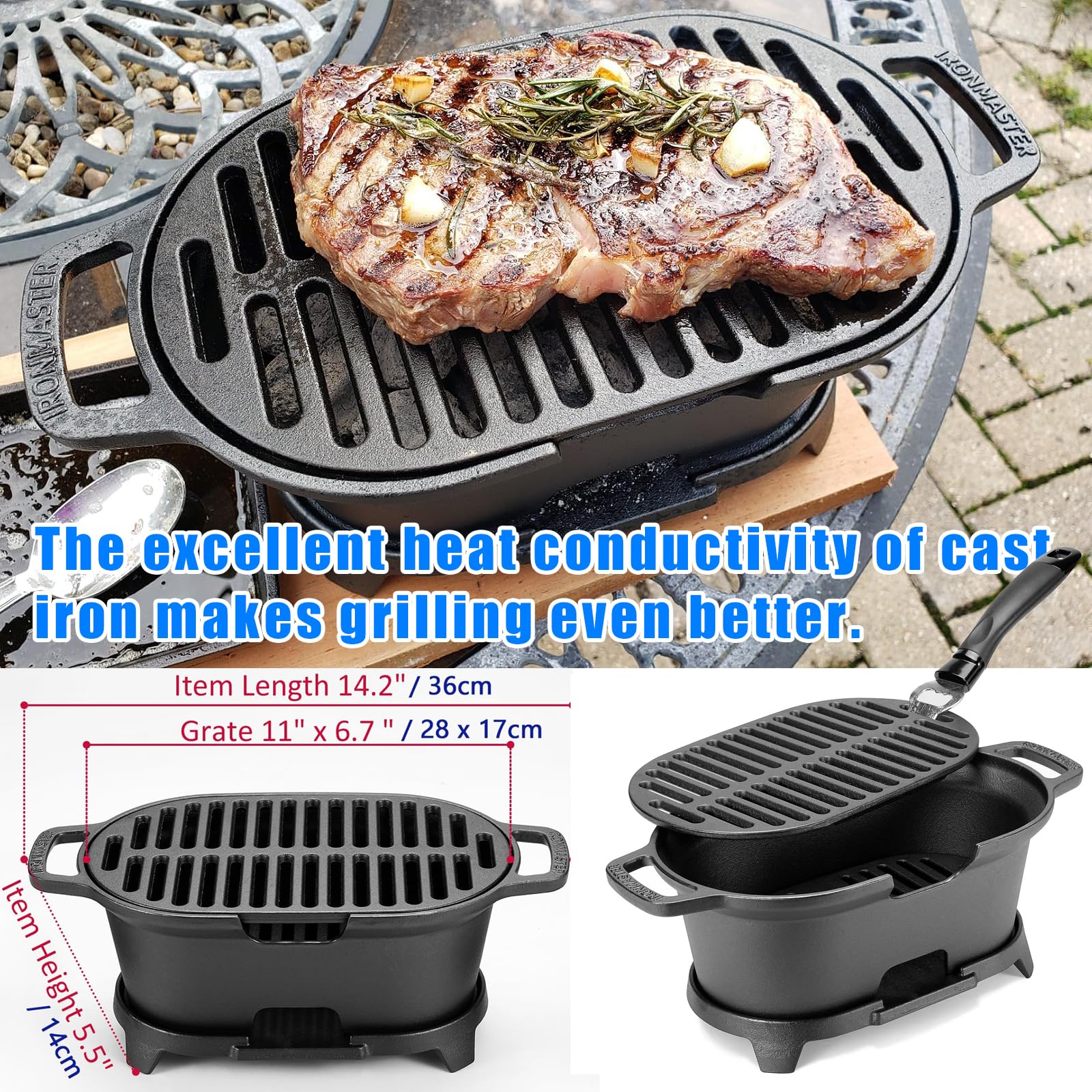 IRONMAX grill in use at a campsite with food cooking, demonstrating portability and outdoor convenience