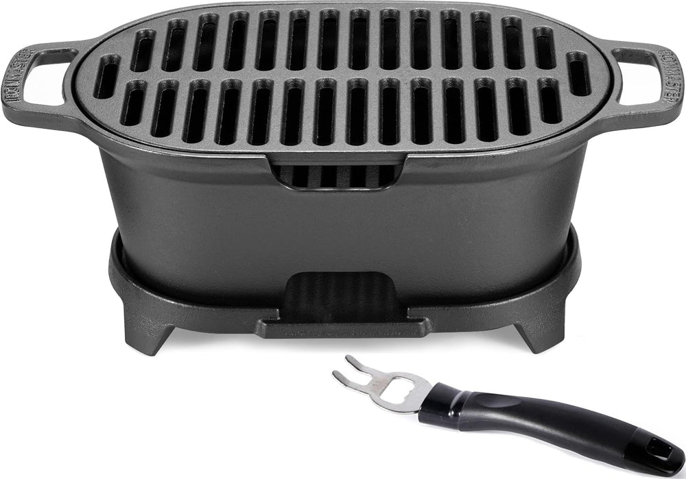 IRONMAX mini hibachi front view showing compact grill and sturdy feet, great for tabletop grilling