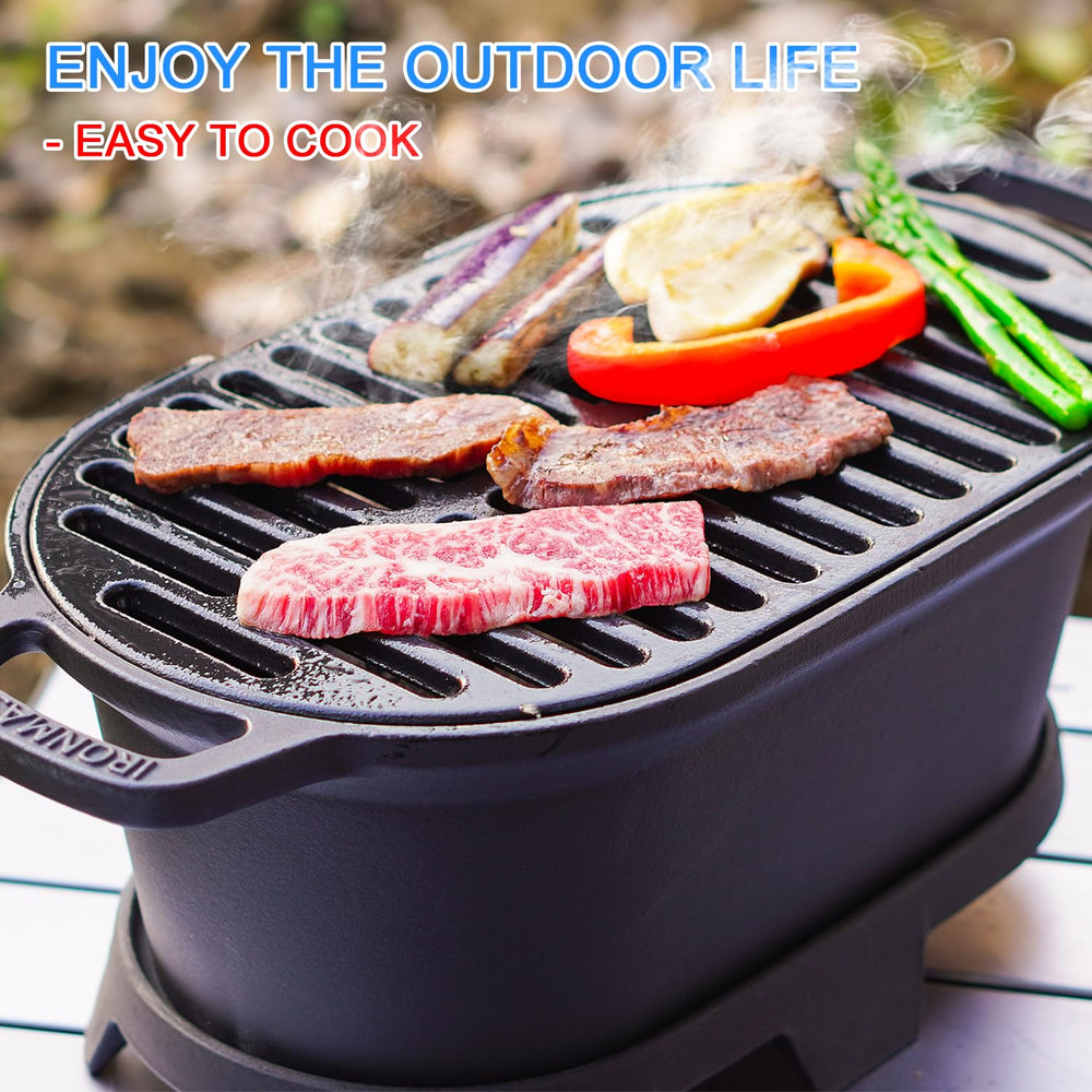 IRONMAX beside a dinner plate for size comparison showing compact footprint ideal for two people