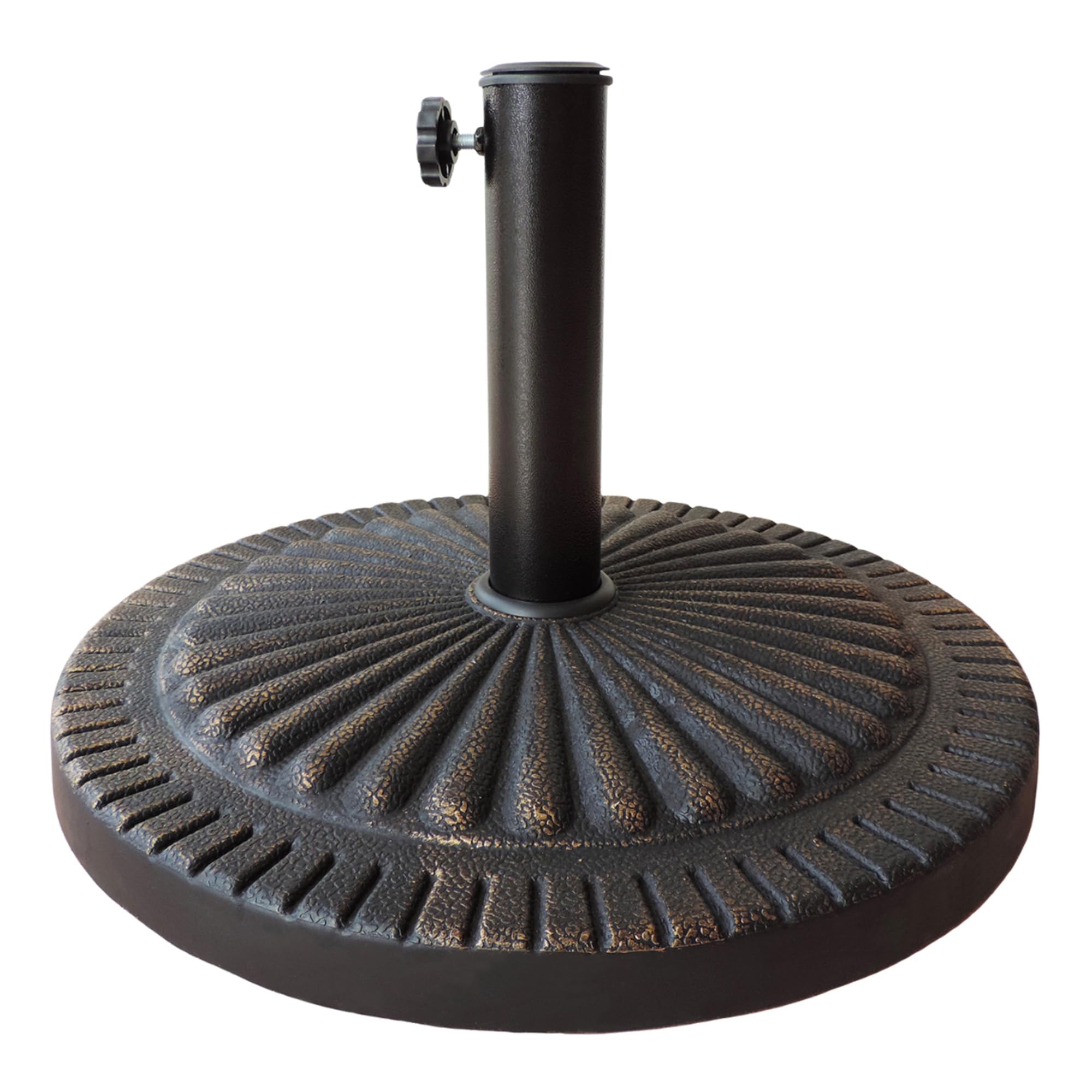Island Umbrella front view bronze base showing stable patio anchoring benefit