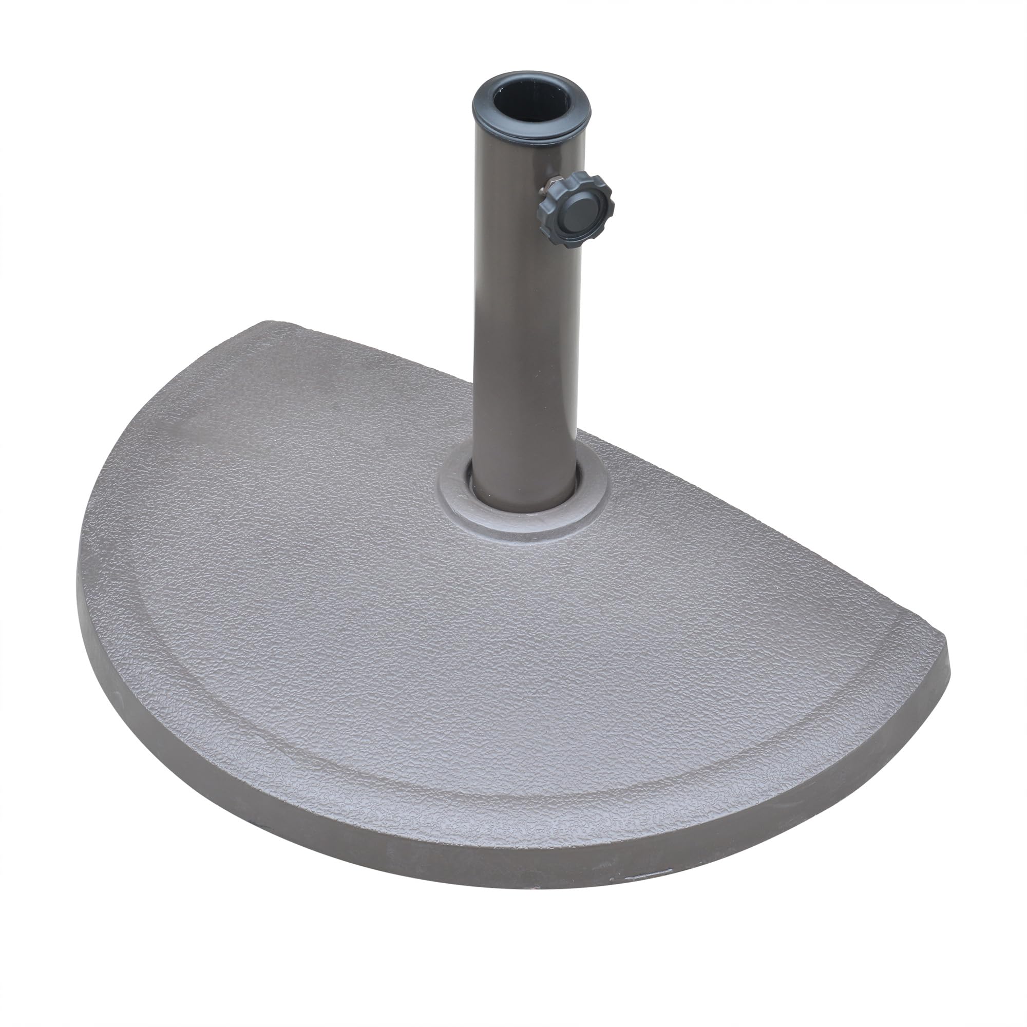 Island Umbrella front view of half-round brown base shows compact space-saving benefit
