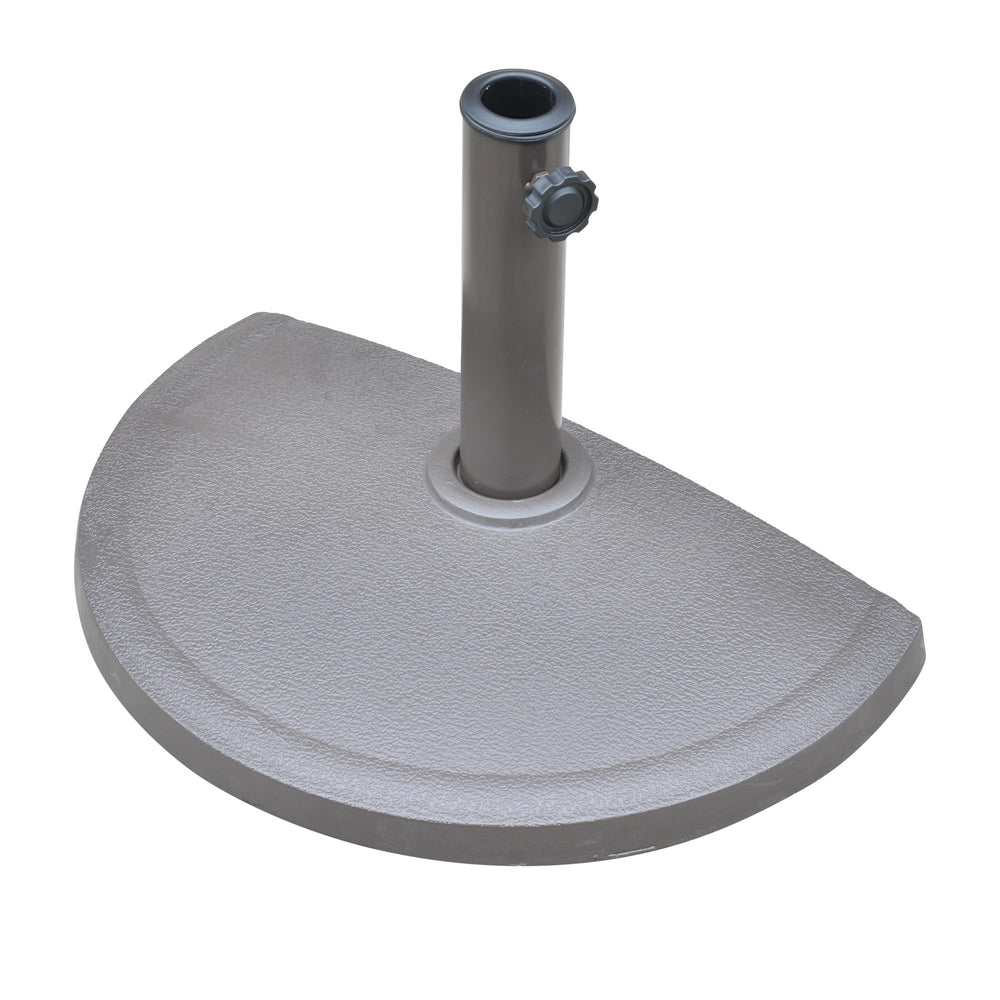 Island Umbrella front view of half-round brown base shows compact space-saving benefit