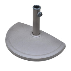 Island Umbrella front view of half-round brown base shows compact space-saving benefit