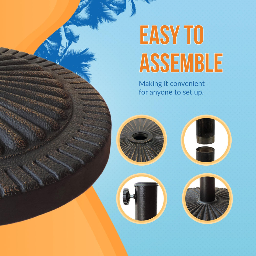Island Umbrella base supporting umbrella in a patio setting showing reliable anchoring