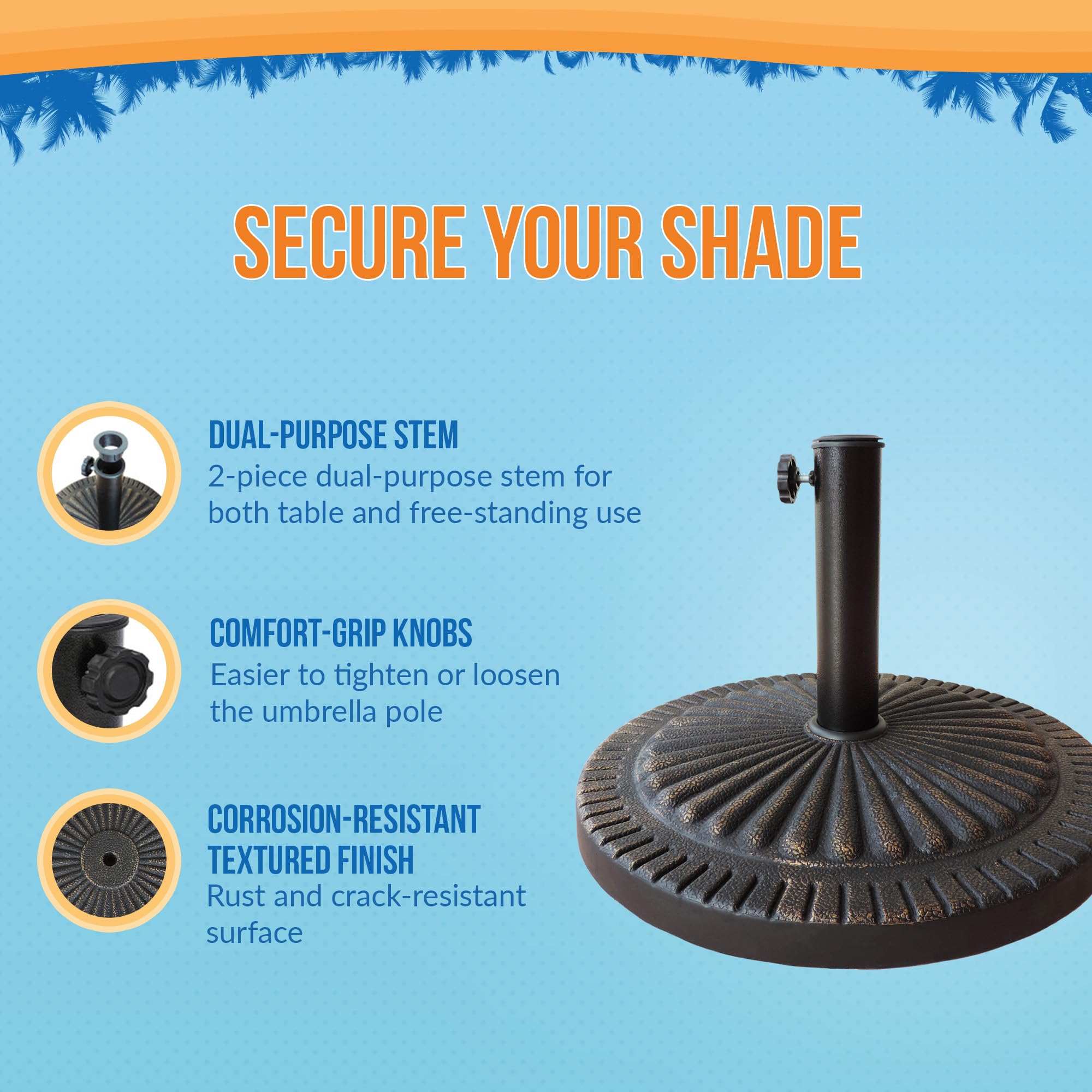 Island Umbrella metal stem and threaded knobs close-up showing secure pole grip