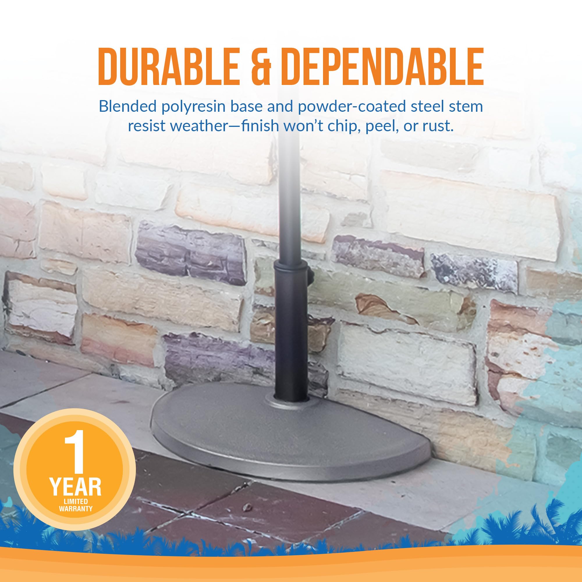 Island Umbrella base holding patio umbrella demonstrating stable shade support