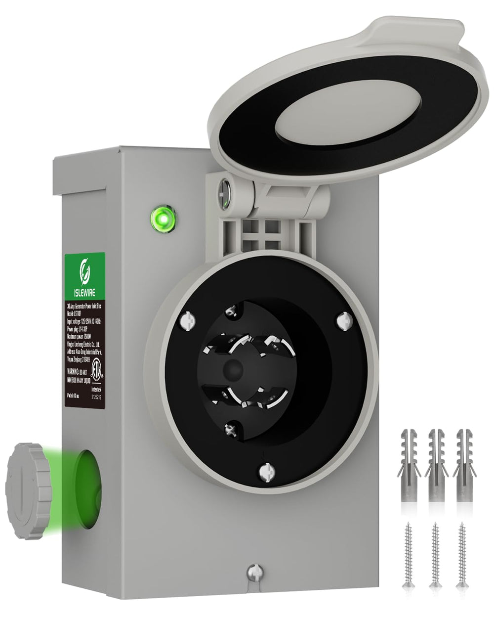 islewire front panel showing inlet and sealed cover for safe outdoor use