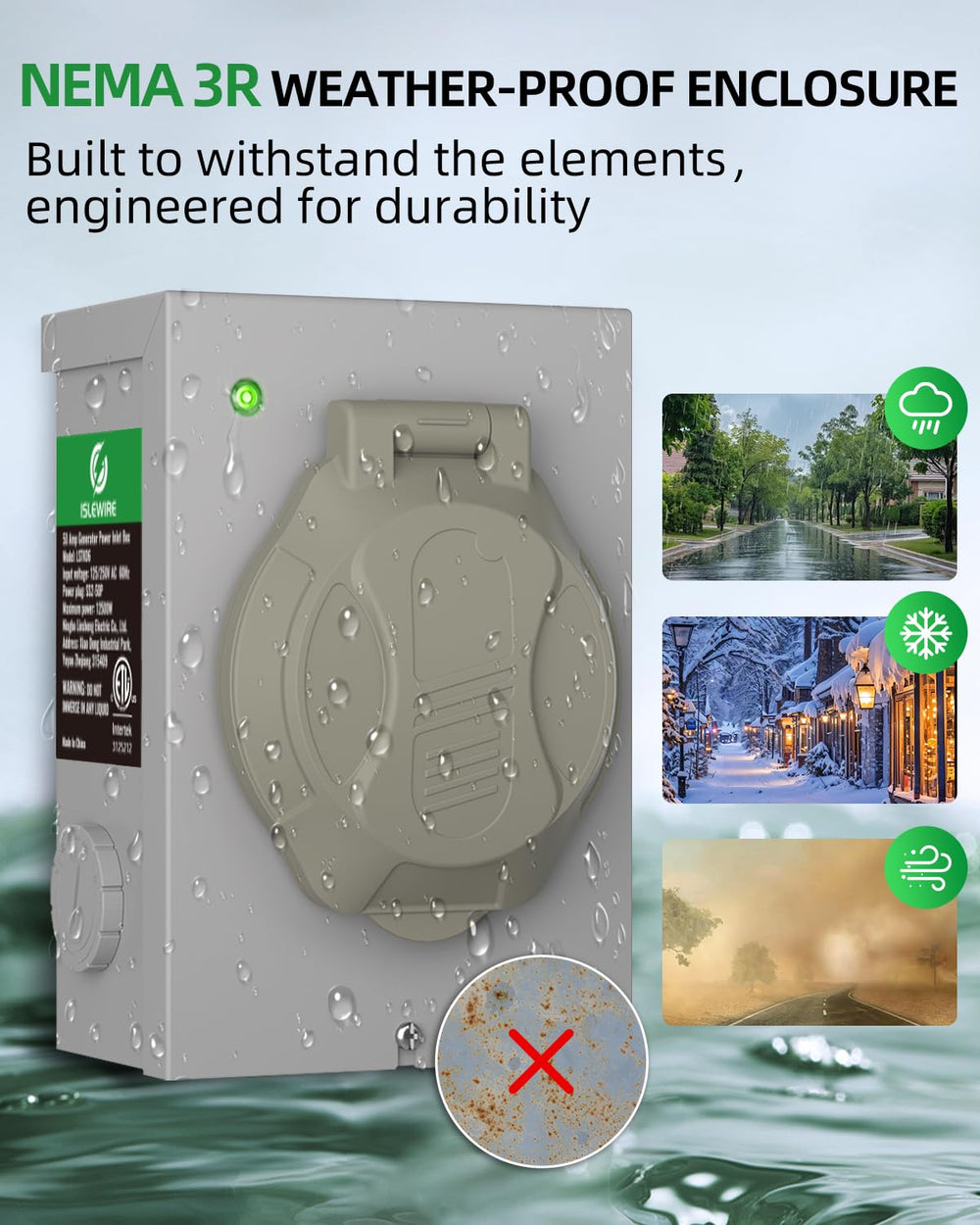 islewire LED indicator lit at night offering clear power-on status and safety