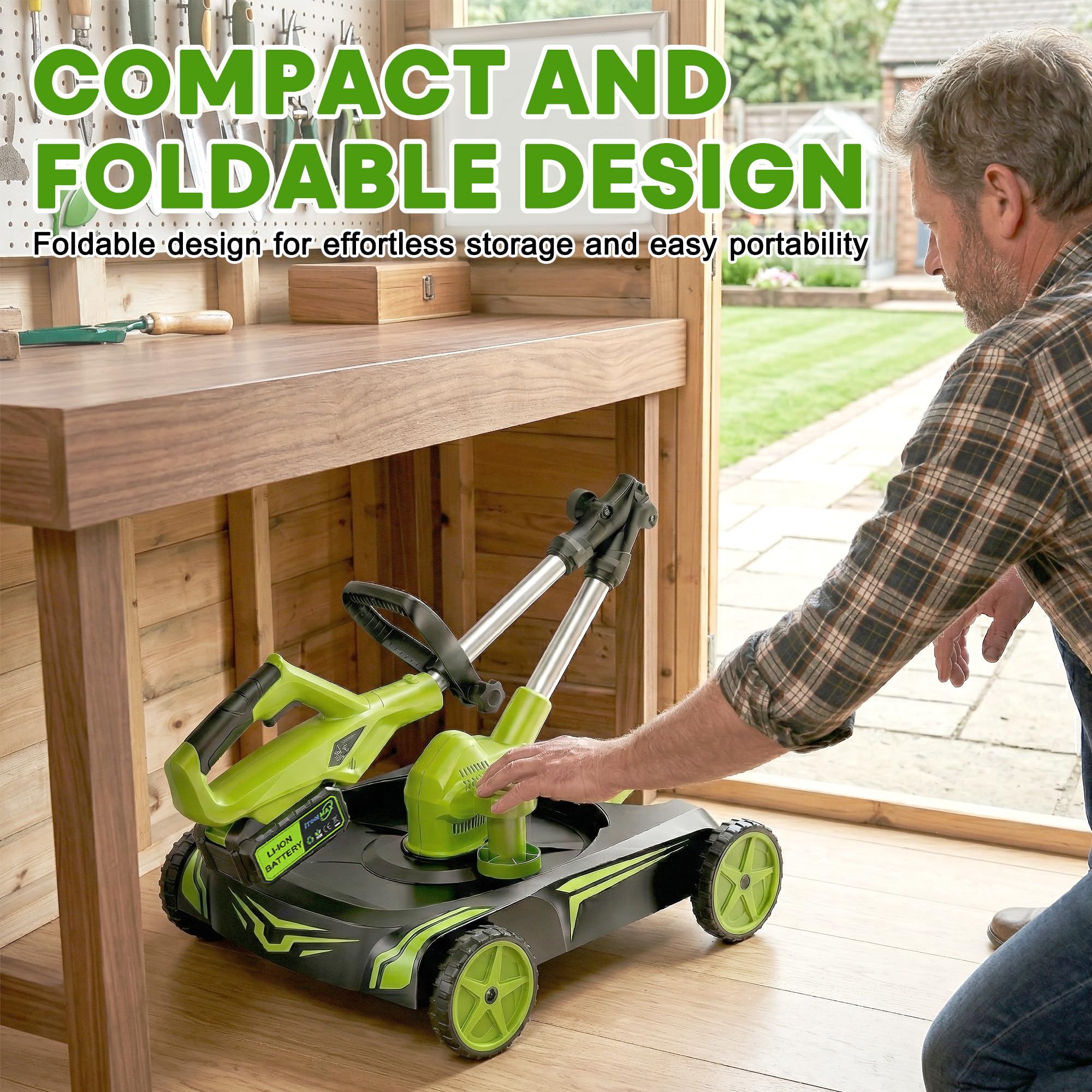 iToolMax senior user using wheeled mower reducing strain while mowing