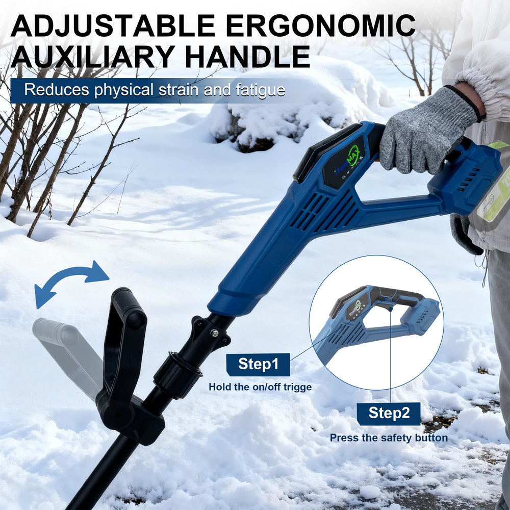 iToolMax side profile clearing snow on driveway showing efficient 12-inch path clearing
