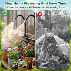 iToolMax system mounted on fence offering even watering for container plants