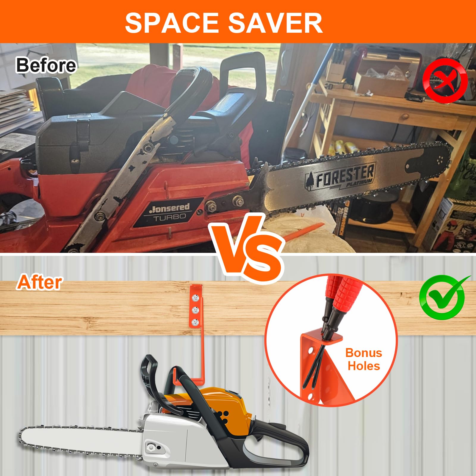 iulrtba holding a chainsaw by side handle demonstrating drip-safe storage