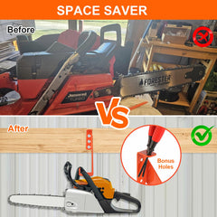 iulrtba holding a chainsaw by side handle demonstrating drip-safe storage
