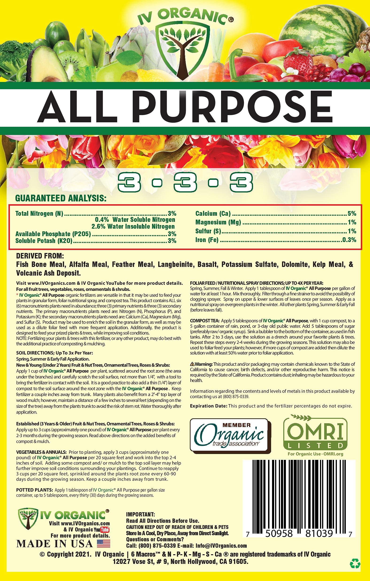 IV Organic label detail listing NPK and secondary nutrients for informed use
