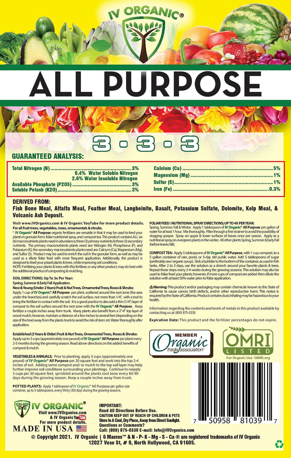 IV Organic label detail listing NPK and secondary nutrients for informed use
