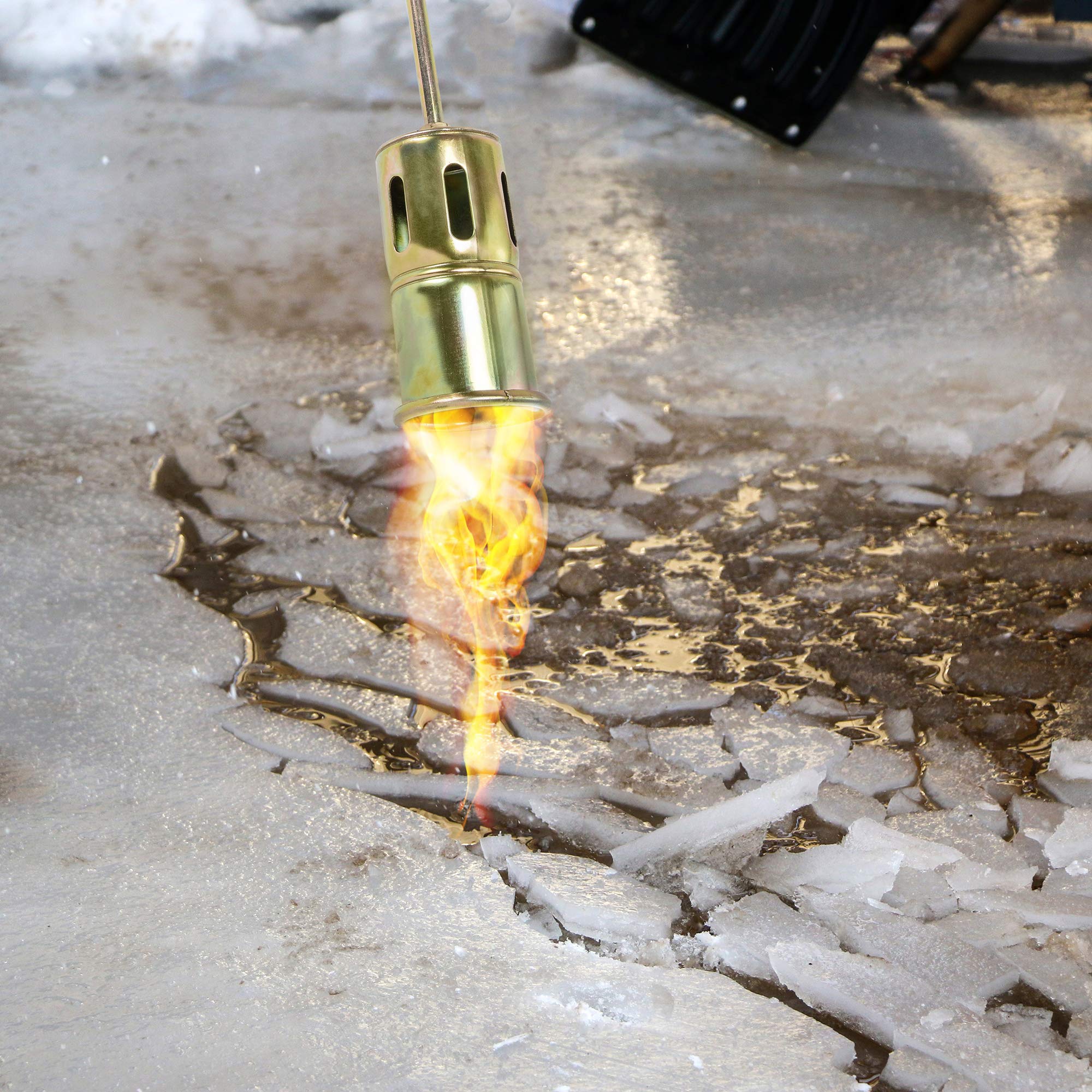 Ivation torch melting ice on walkway to clear snow and slush quickly