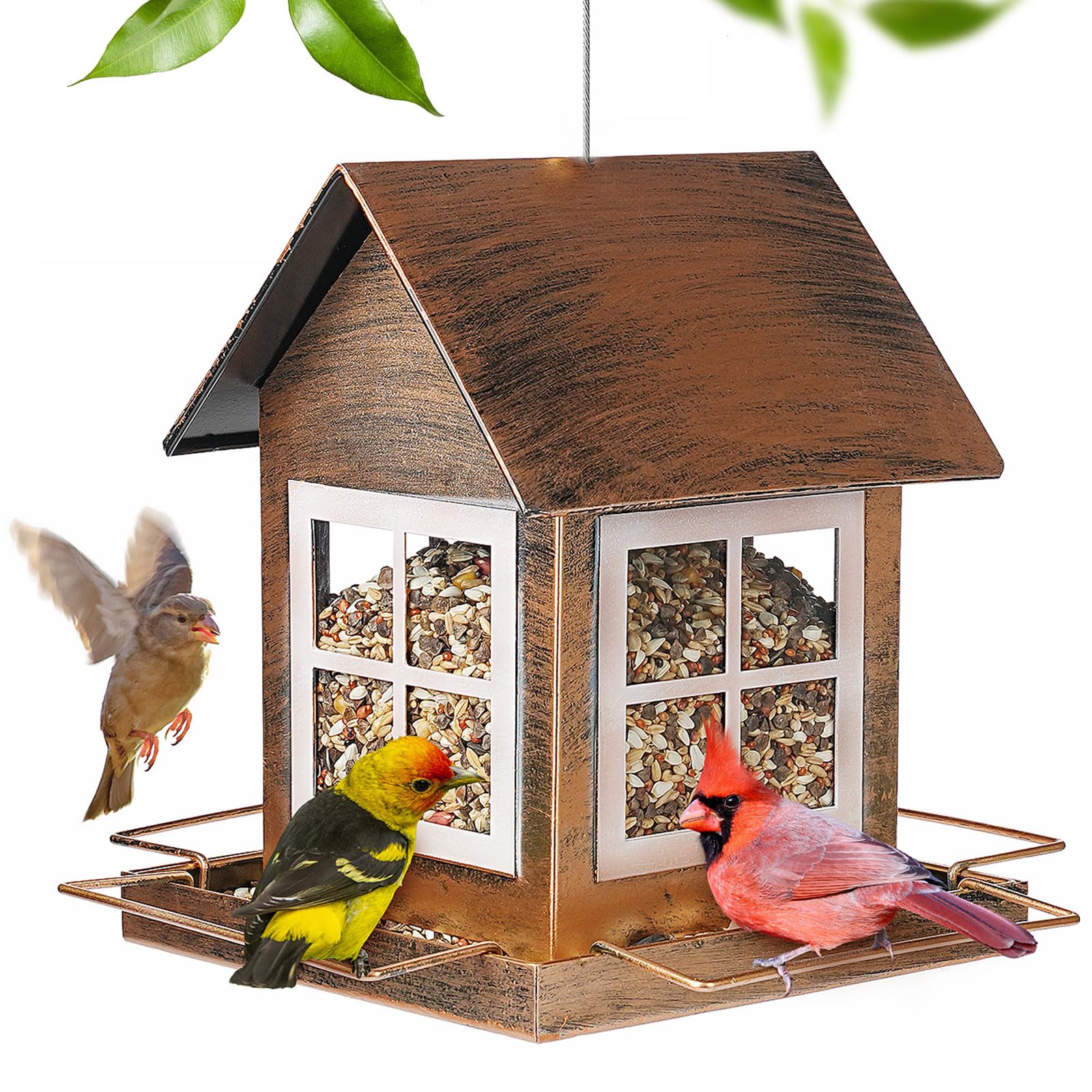 IWNTWY front view of house-shaped feeder shows vintage look and attracts birds