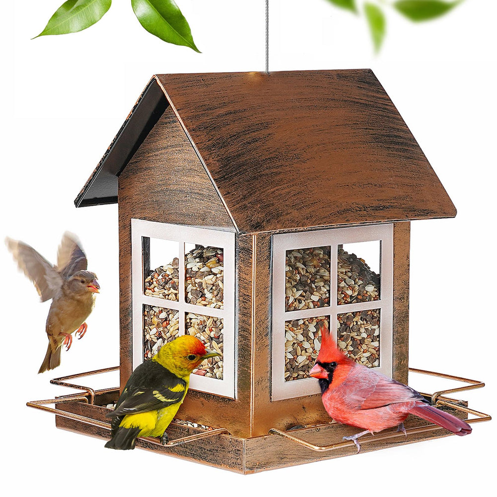 IWNTWY front view of house-shaped feeder shows vintage look and attracts birds