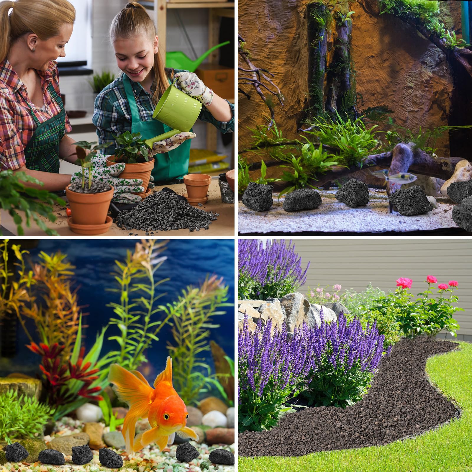 IwoodUS lava rocks used as garden mulch and decoration showing durable low-maintenance benefits