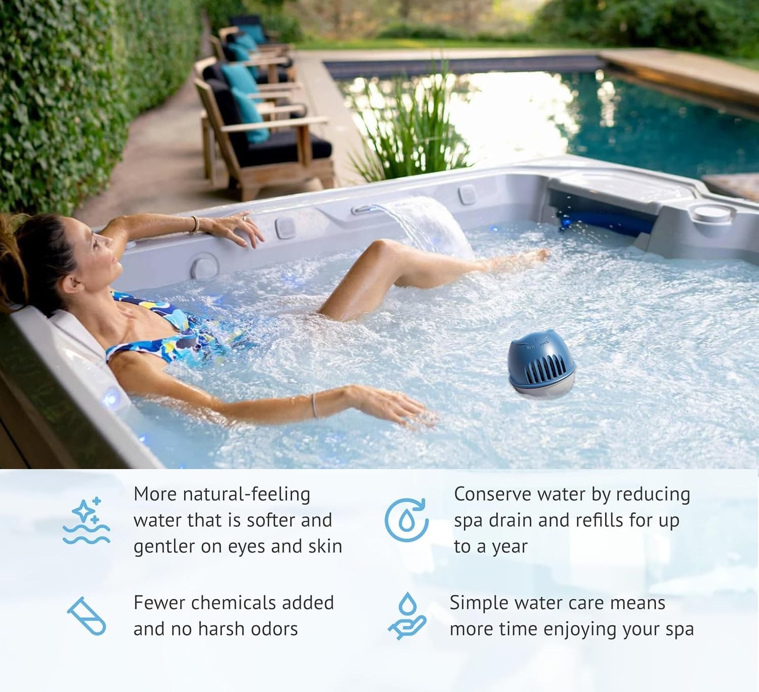 Izayoi cartridges beside hot tub in backyard setting illustrating clearer gentler water