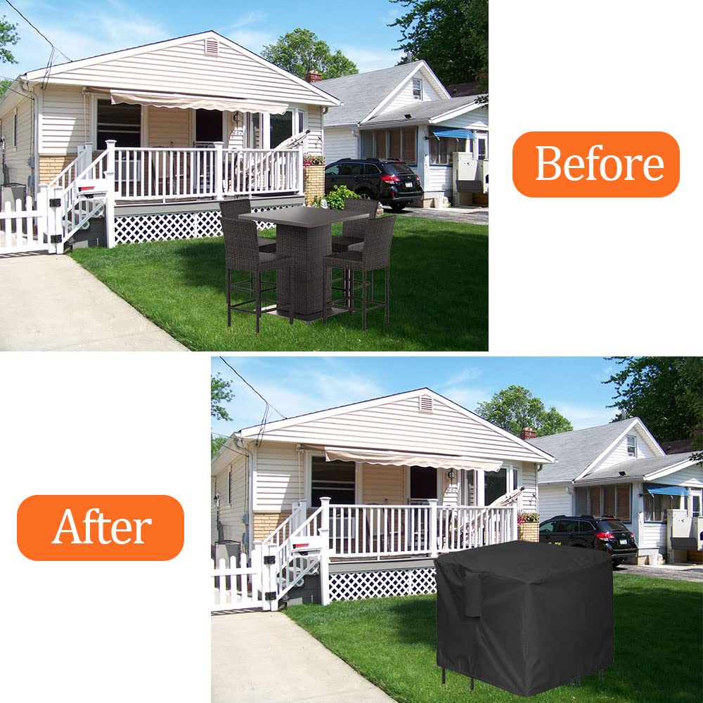Izzybang cover in use on patio showing neat protected bar table and chairs