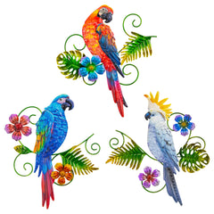 J-Fly front view of metal parrots showing vibrant color and curb appeal