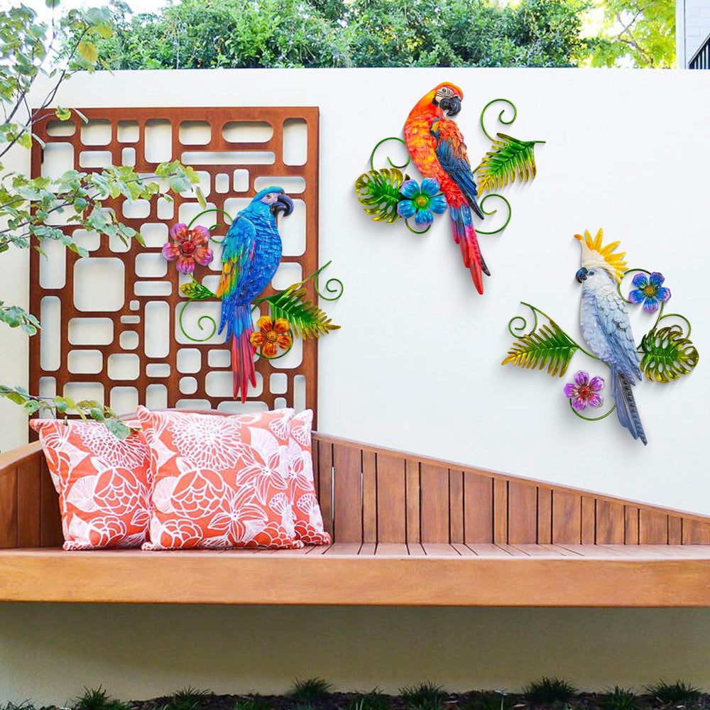 J-Fly metal parrots hung on garden fence adding colorful outdoor charm
