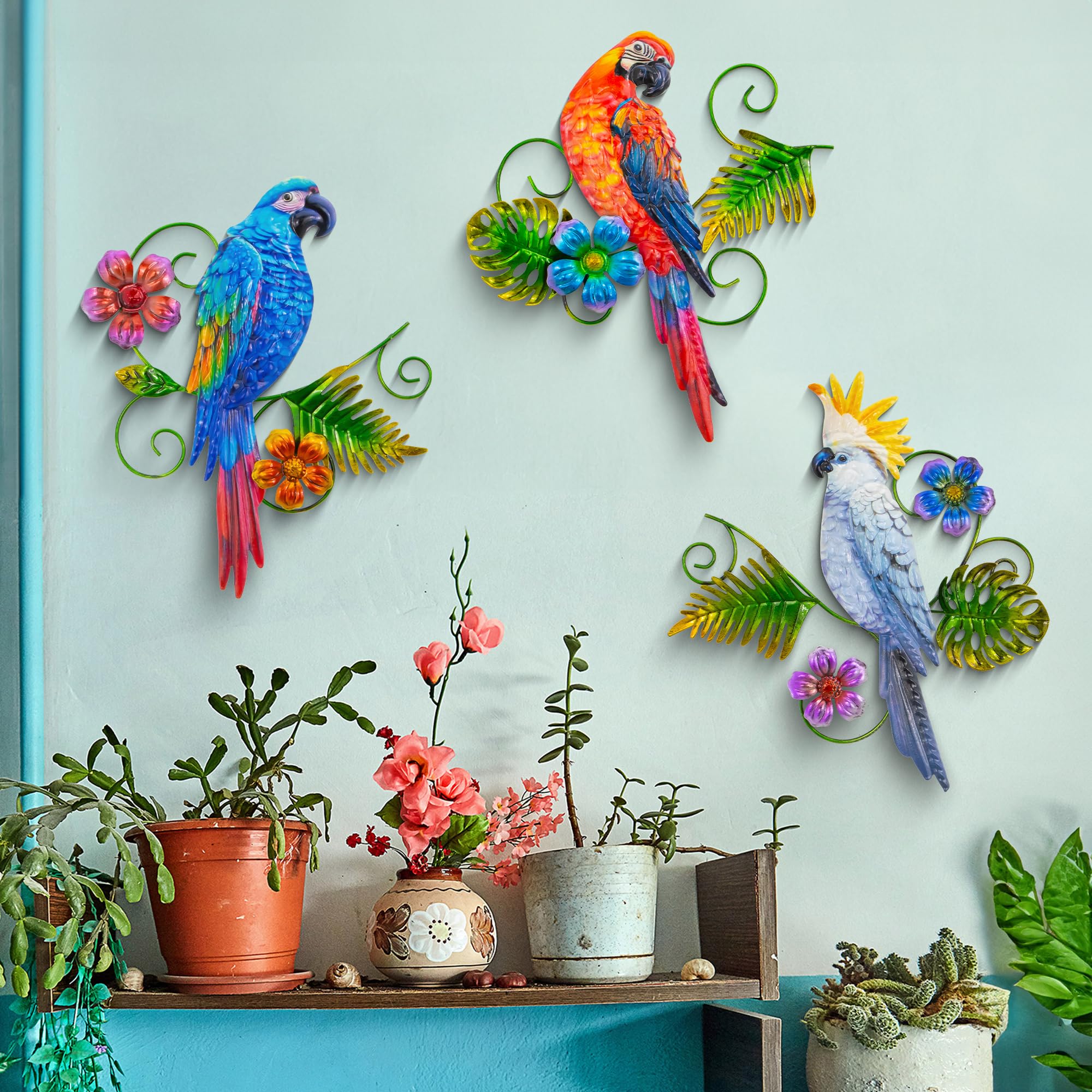 J-Fly parrots displayed indoors bringing decorative warmth to living spaces