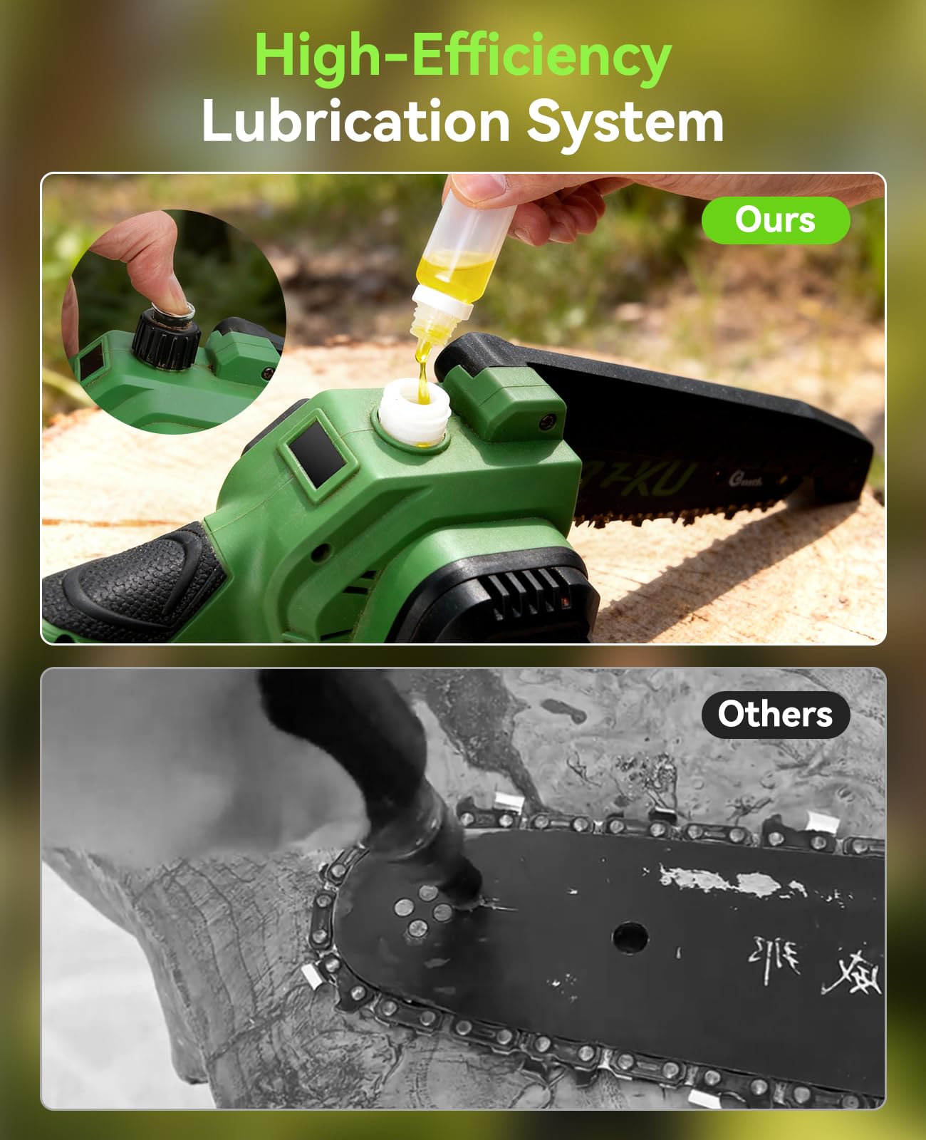J-KU automatic oiling system detail showing low-maintenance chain lubrication