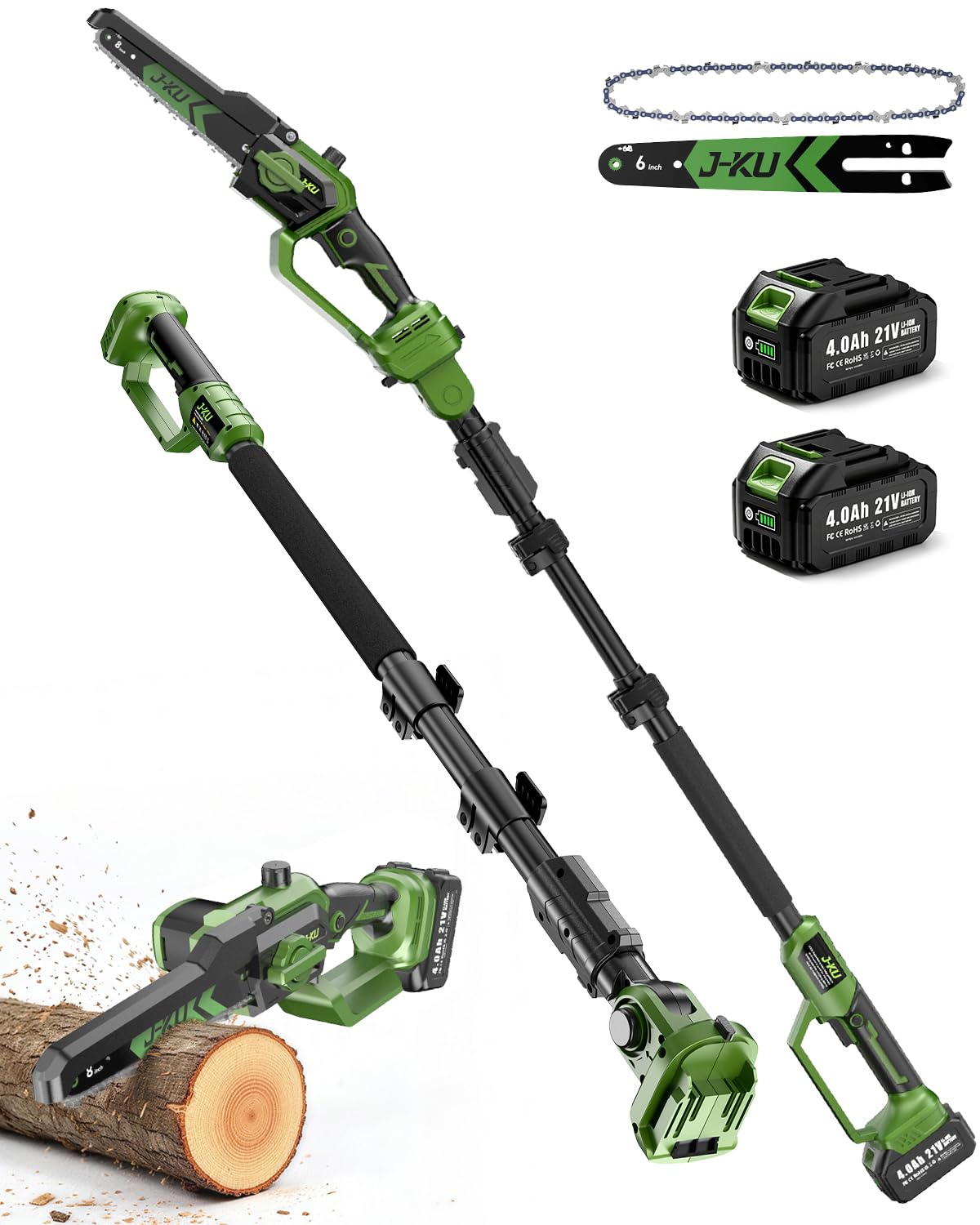 J-KU front angle view showing compact pole saw and easy handling benefit