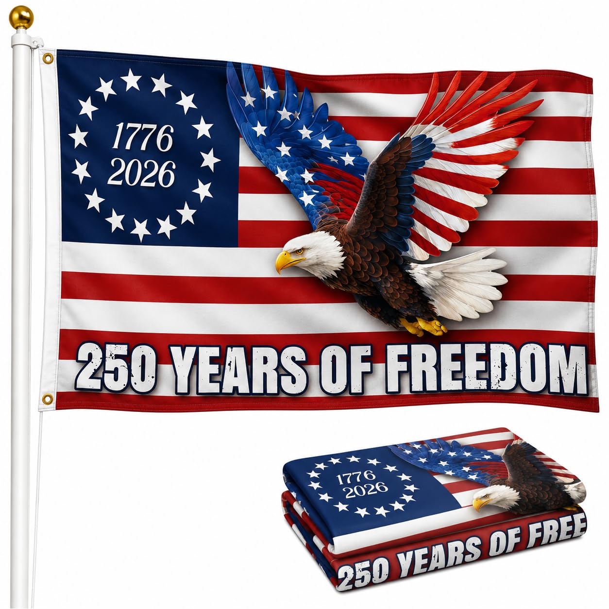 J0Mob front view of 250th flag showing bold 1776–2026 design and benefit of visibility