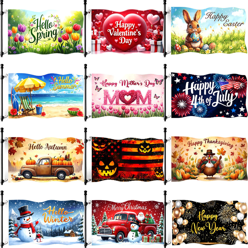 Jaailee front view of 12-flag bundle showing colorful seasonal designs and convenience