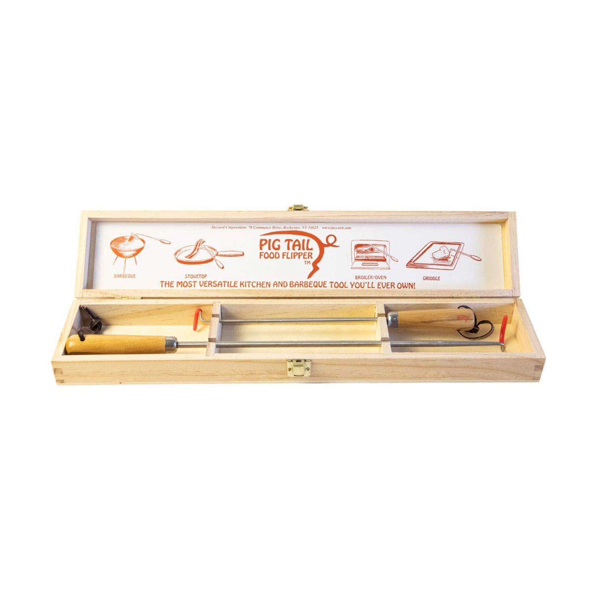 Jaccard PigTail wooden gift box packaging showing both flippers and presentation benefit