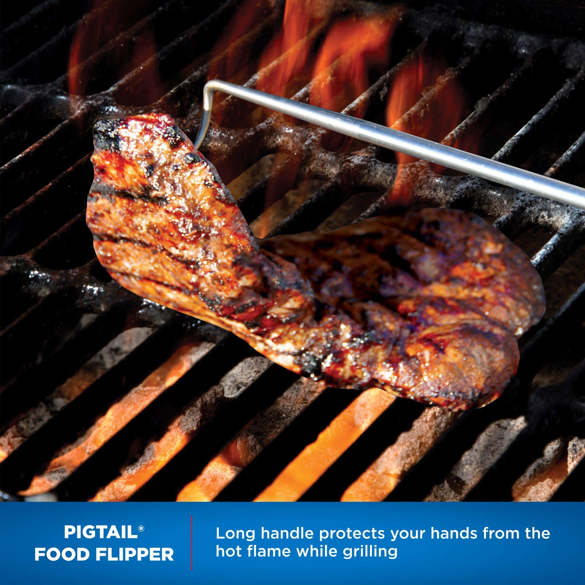 Jaccard flipper in use on grill provides safer turning and reach