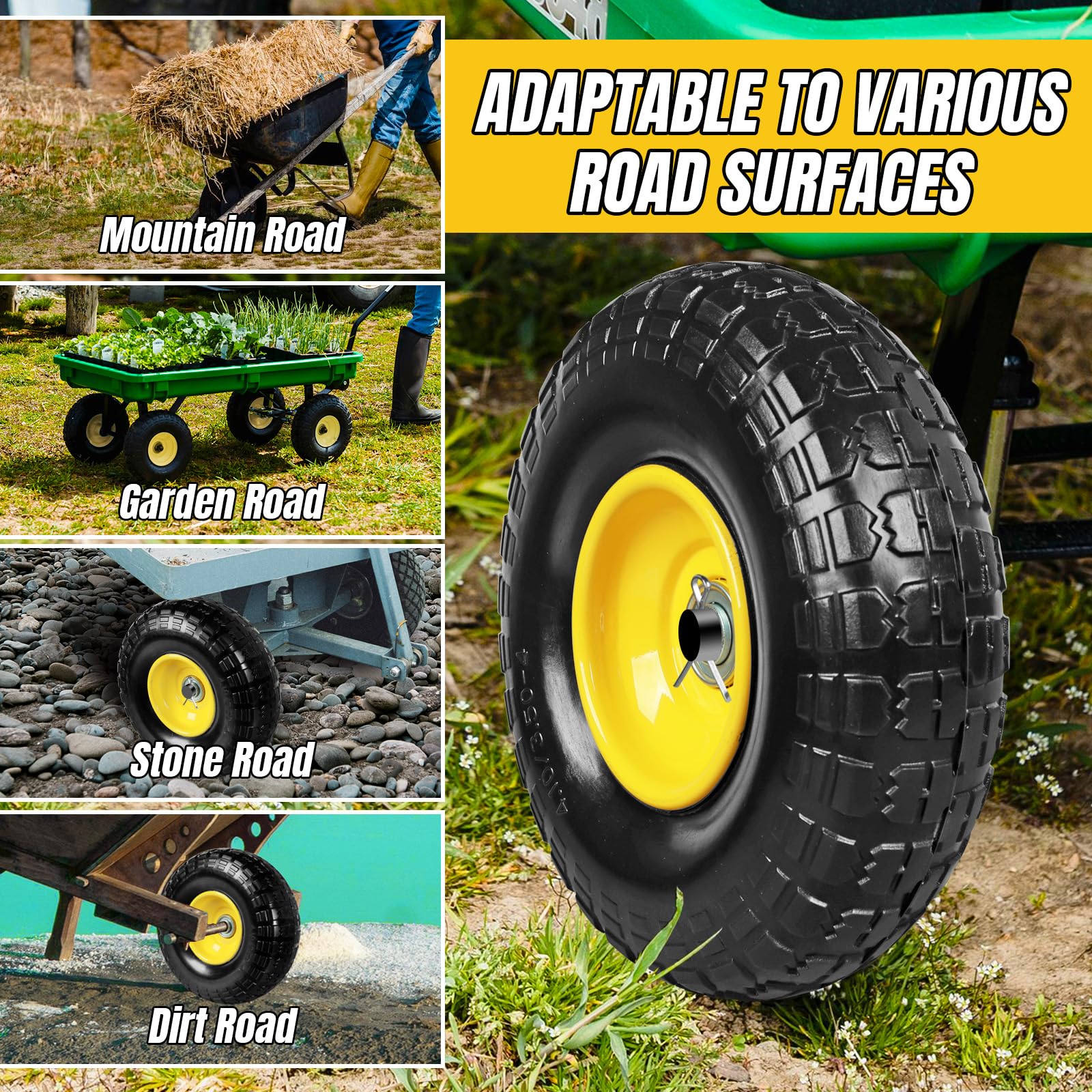 Jack Boss wheel installed on hand truck showing smooth, flat-free rolling benefit
