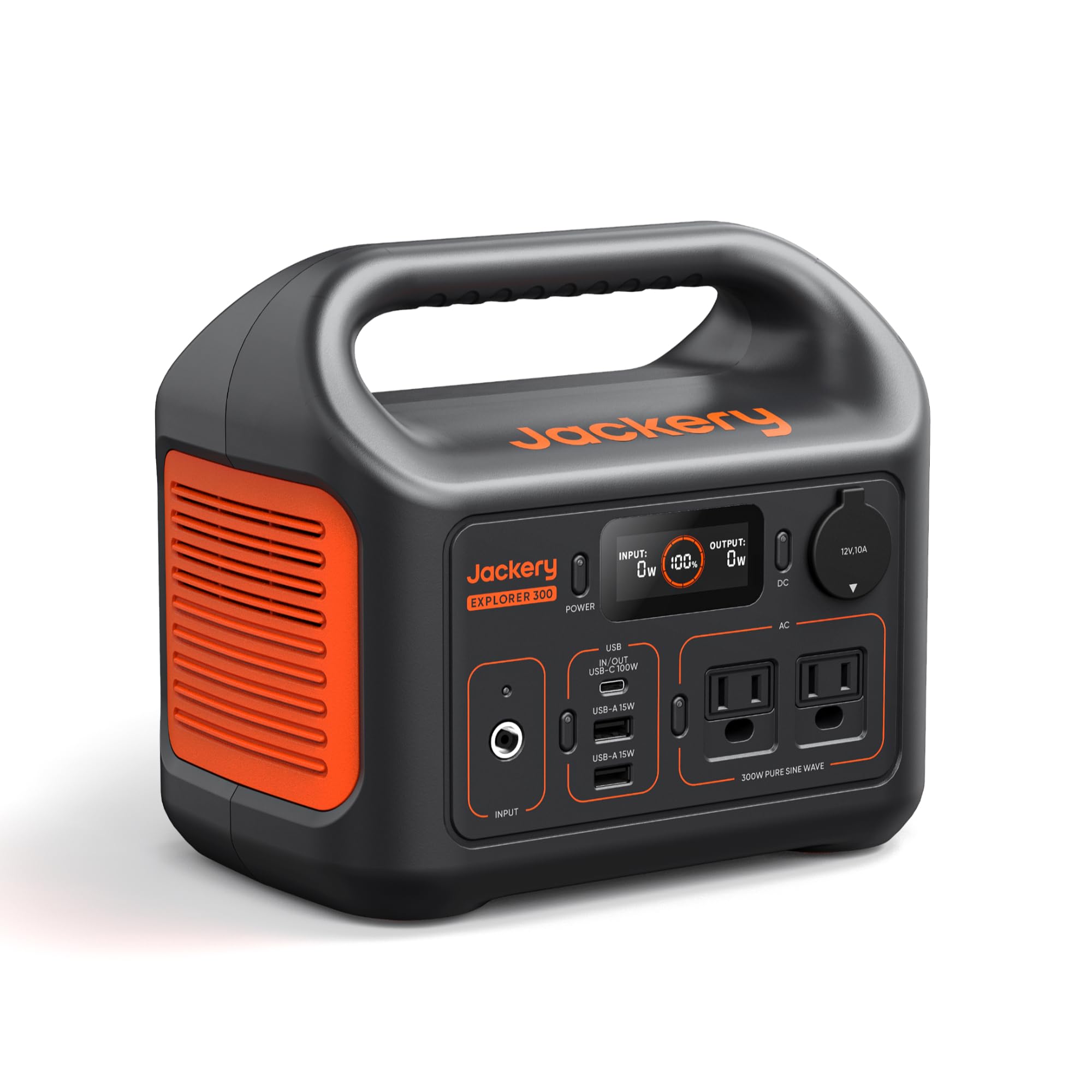 Jackery Explorer 300 front panel view showing outlets and display for easy power monitoring