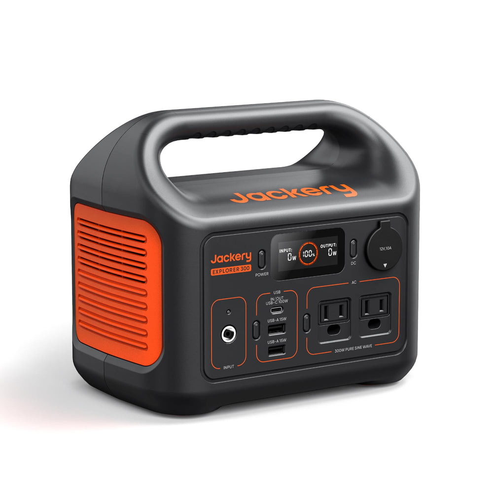 Jackery Explorer 300 front panel view showing outlets and display for easy power monitoring